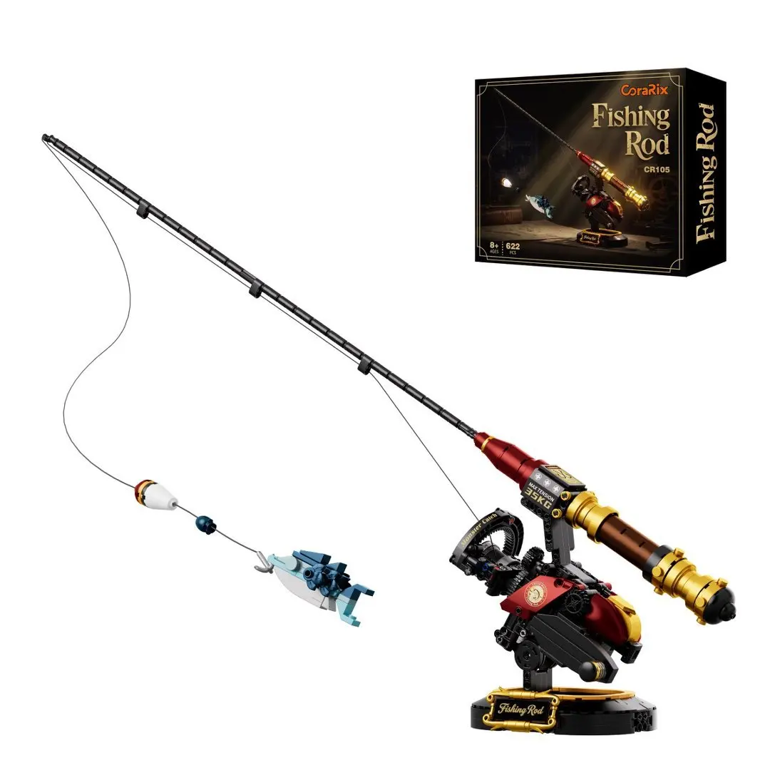 Baitcasting Reel Fishing Rod Building Blocks MOC Assembly Model Simulated Deep-Sea Fishing Desktop Ornament Educational Toy Gift
