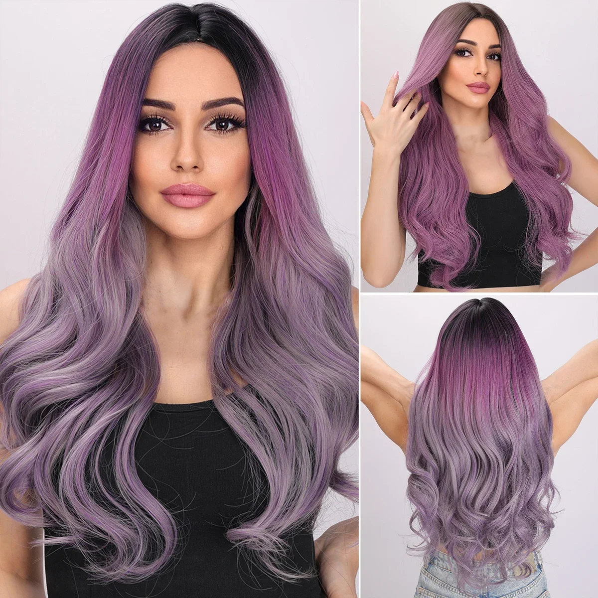 

Smilco Gradation Purple Long Body Wave Ombre Wigs Heat Resistant Synthetic Middle Part Natural Daily Party Wigs For Women