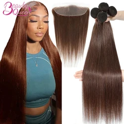 Dark Brown Straight Human Hair Bundles With Frontal 13x4 Preplucked Lace Front With 3 Bundles 100% Human Hair Weave Remy Tissage