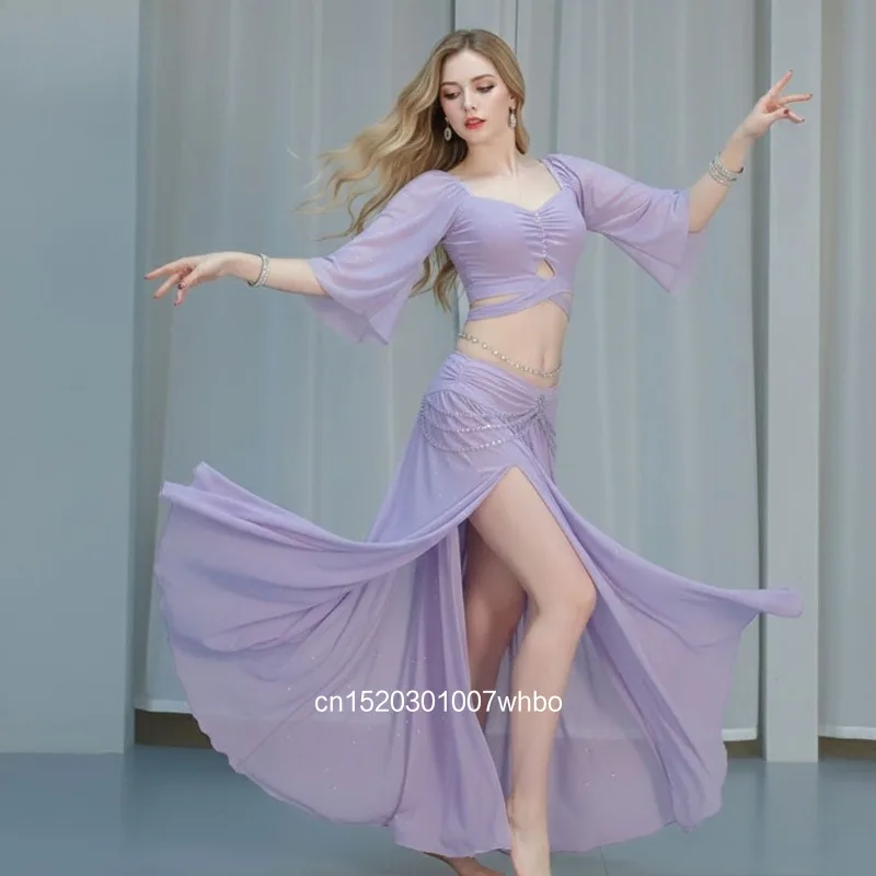 Women's Belly Dance Practice Clothing Adult Dance Set Slimming Ruched Top High Skirt Stretchy Oriental Dance Training Outfit