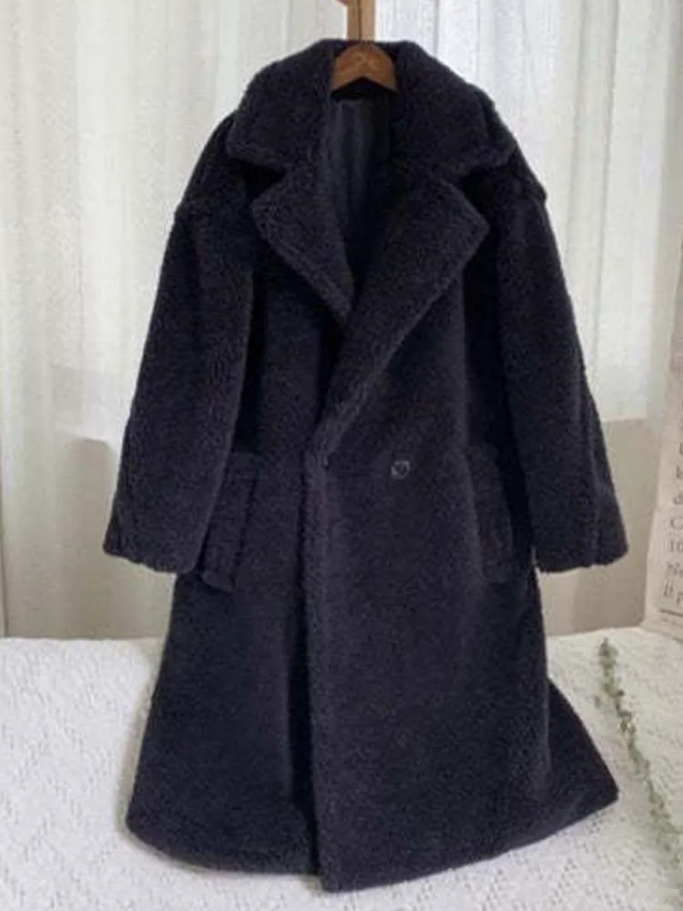 White Lamb Wool Coat Women Winter Thick Warm Fleece Teddy Coat Female Oversized Casual Loose Long Sleeve Lapel Long Outerwear
