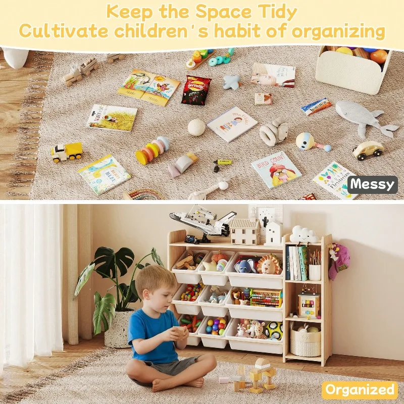 Toy Storage Organizer With Bookcase, 3 Shelves 9 Bins 3 Hooks, White Kids Storage Shelf For Playroom Bedroom Nursery