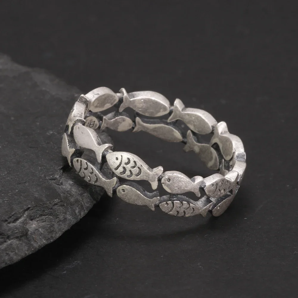 925 silver lovers ring archaized craft men and women hollow-out double row Thai silver bright  small fish ring