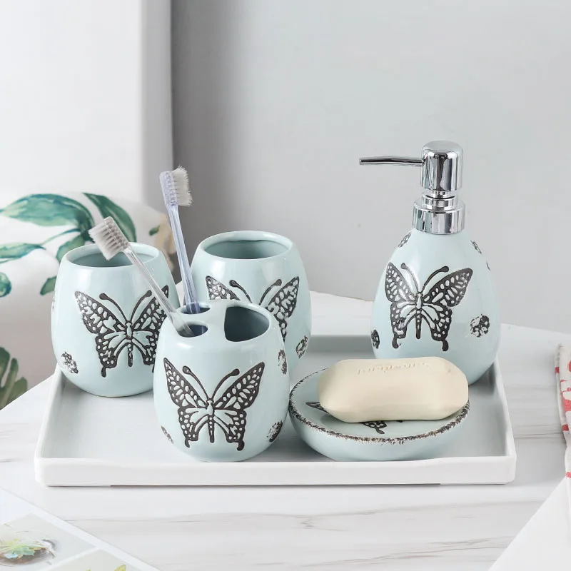 European Ceramic Bathroom Accessories Creative Butterfly Relief Decorative Desktop Mouthwash Sets Hotel Bathrooms Five Piece Set