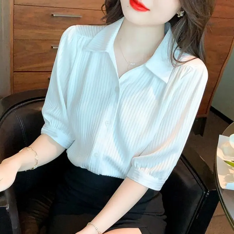 Simplicity Pure White Striped Single-breasted Blouse Women Classic Long Sleeve Office All-match Korean Lady Chiffon Shirt