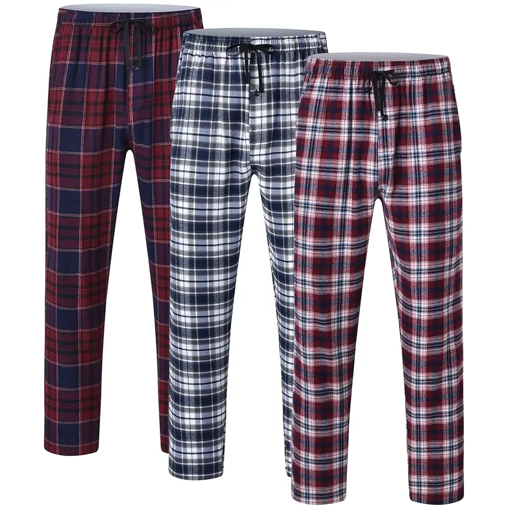 3Pcs Men's Plaid Pajama Sleeping Pants, Plaid Print Long Pajama Pants Sleepwear Set with Elastic Waist for Homewear