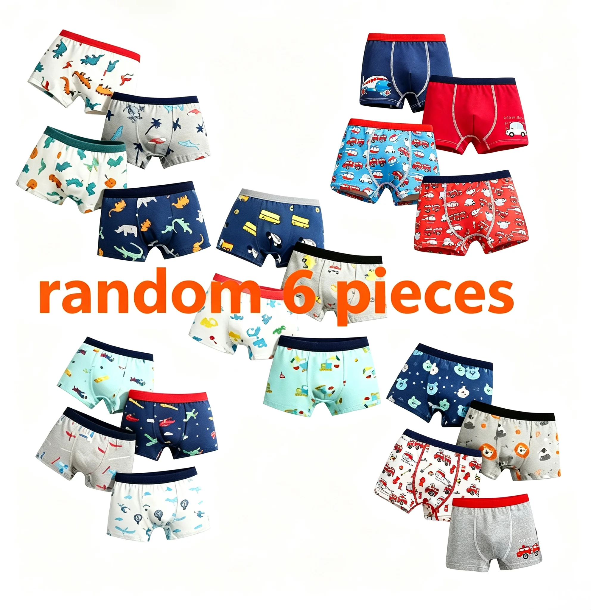 Boys' red car-printed underwear set with airplane and fire truck prints, elastic band, 6-piece set of boxer briefs for children and toddlers