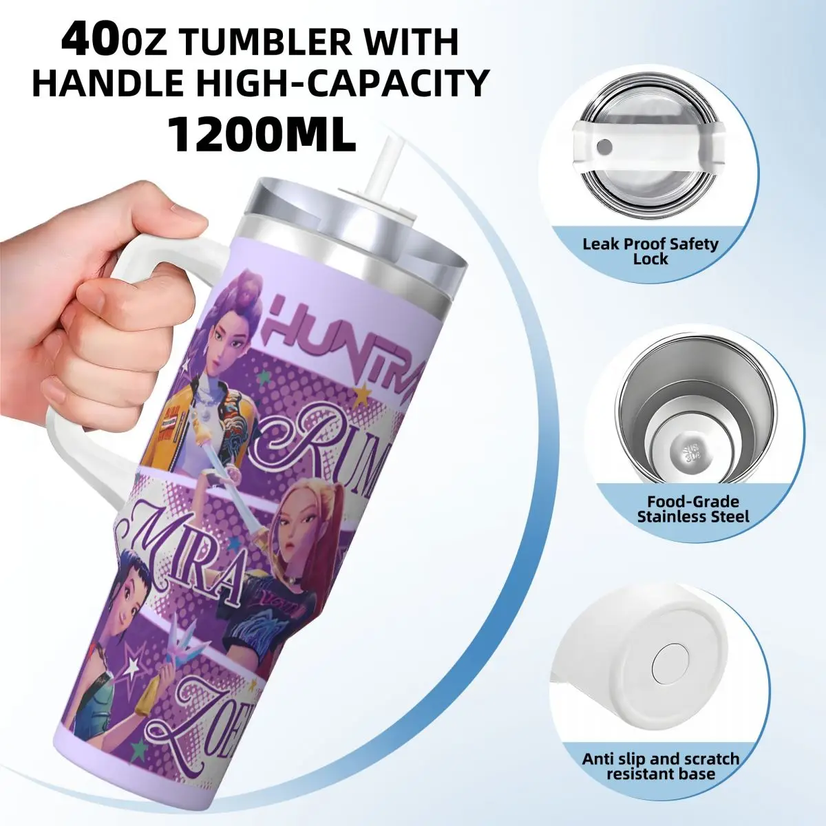 كوب KPop Demon Hunters من الفولاذ المقاوم للصدأ كوب رومي ميرا زوي للسفر كوب حراري مع شفاطات وغطاء 40 أونصة أكواب سيارة زجاجة ماء #3