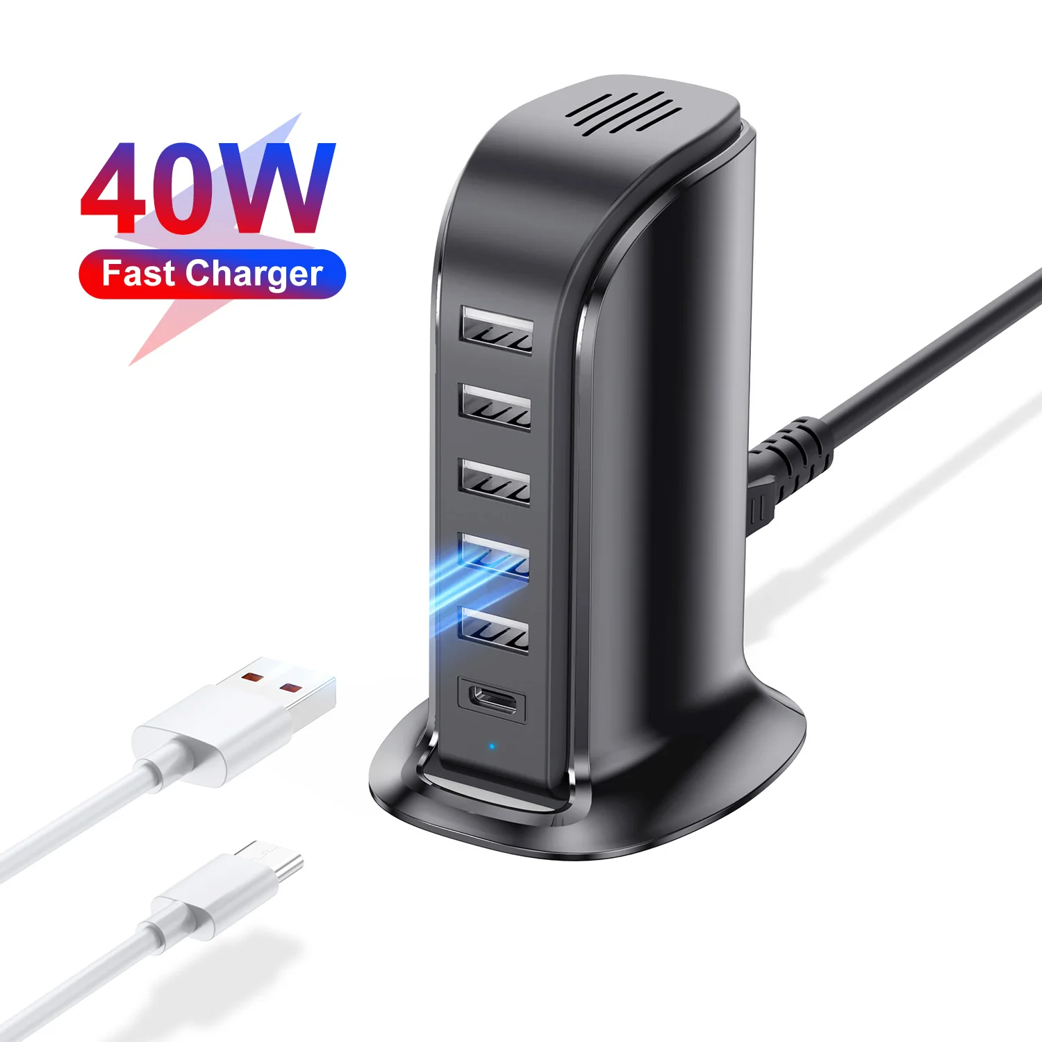 

6 in 1 Multiports 40W Charger, 5 USB A Ports and 1 Type C Port Charging Hub, Universal Phone USB Desktop Charging Station