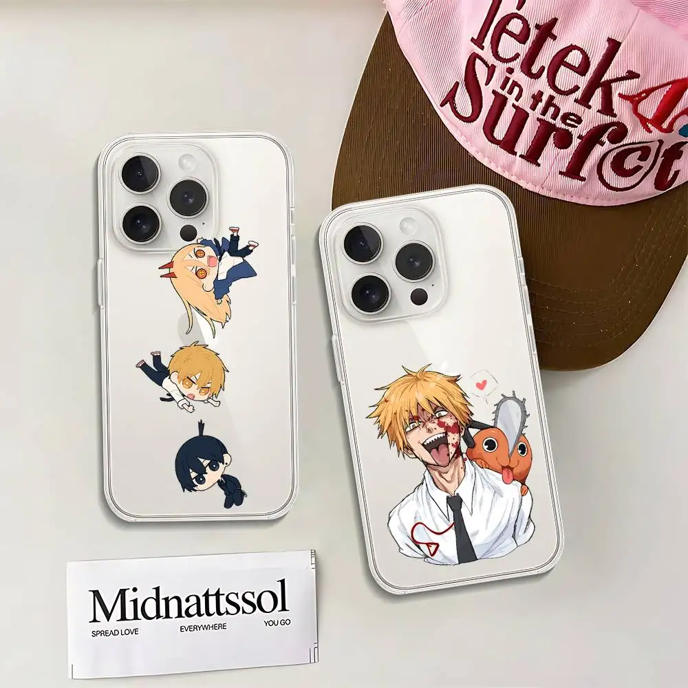 Casing HP Lucu Anime A-Chainsaw Man-W untuk iPhone 15 11 13 14 Pro Max 7 8 Plus X Xr Xs Max 16pro 12mini Transparan