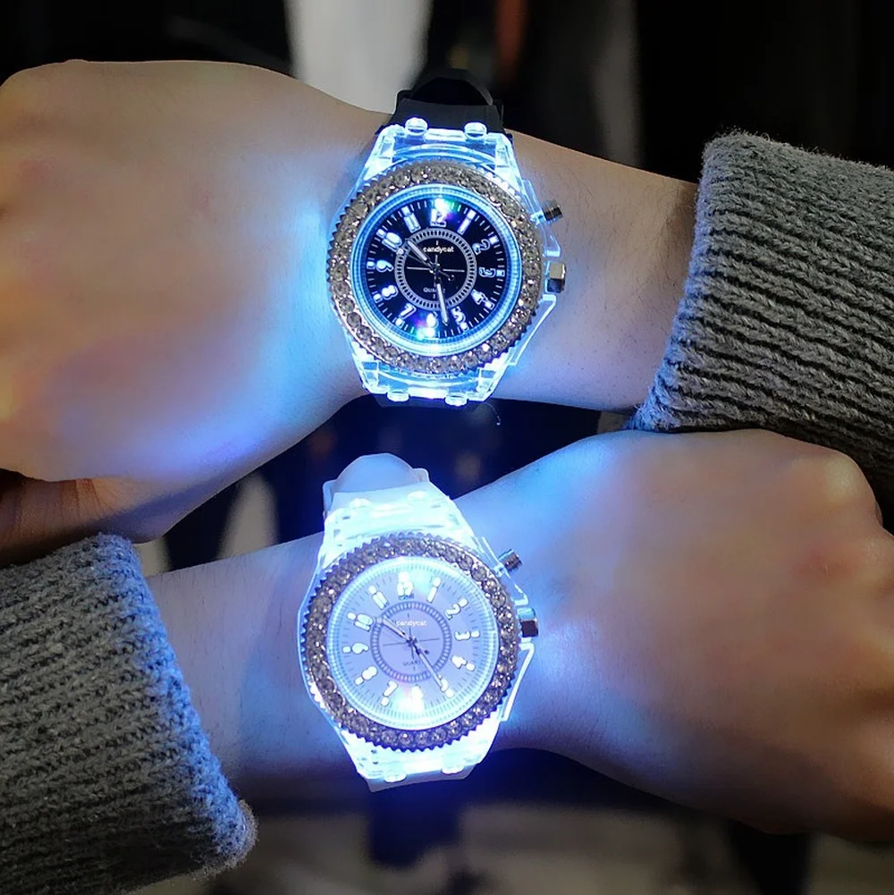 

Luminous Personality Rhinestone Led Harajuku Korean Fashion Trend Male and Female Student Couple Jelly Quartz Watch Inteligente