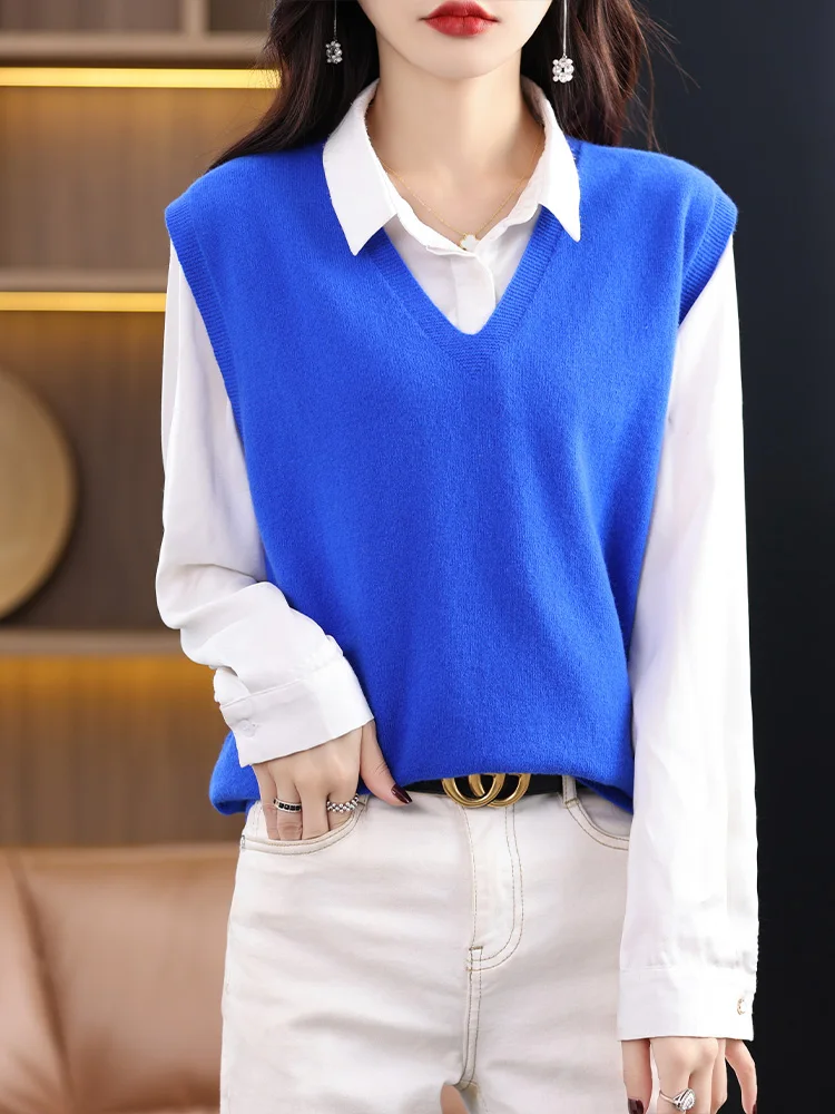 V-neck 100% Merino Wool Pullover Sweater Vest Women Autumn Winter Soild Sleeveless Thickened Versatile Cashmere Knited Waistcoat