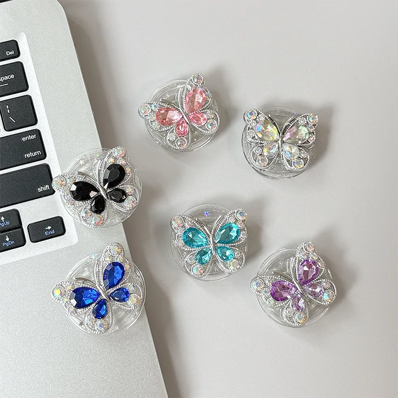 럭셔리 크리스탈 나비 에어백 폰 홀더 그립톡 아이폰 및 삼성용 접이식 손가락 포켓 소켓 스탠드