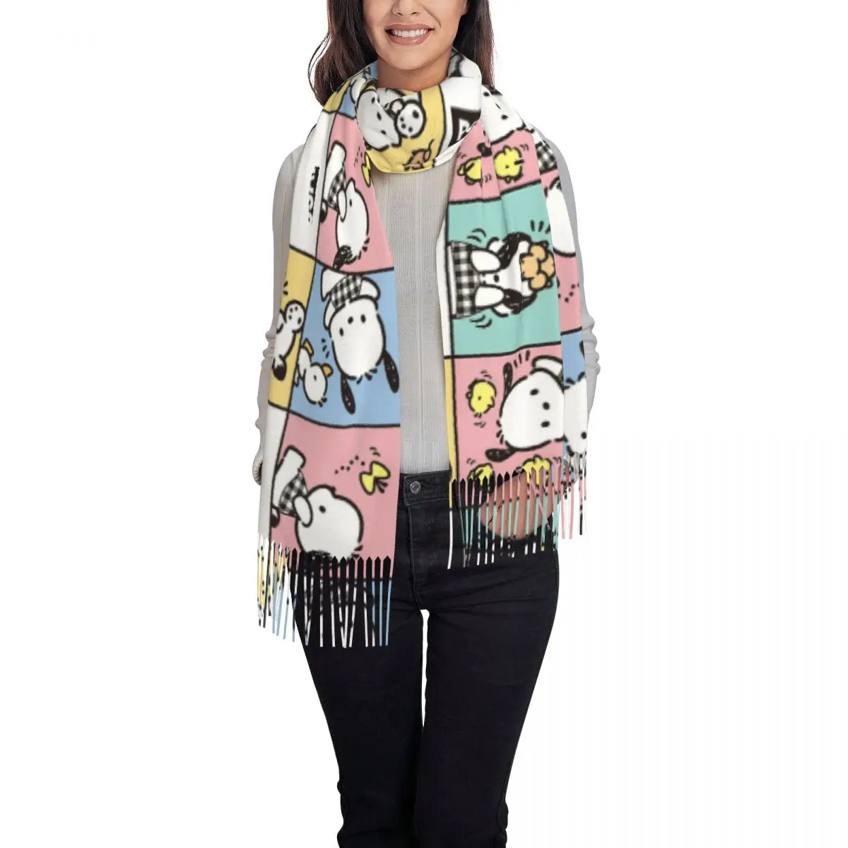 Custom Pochacco Scarf Wrap for Women Long Winter Fall Warm Tassel Shawl Unisex Scarves