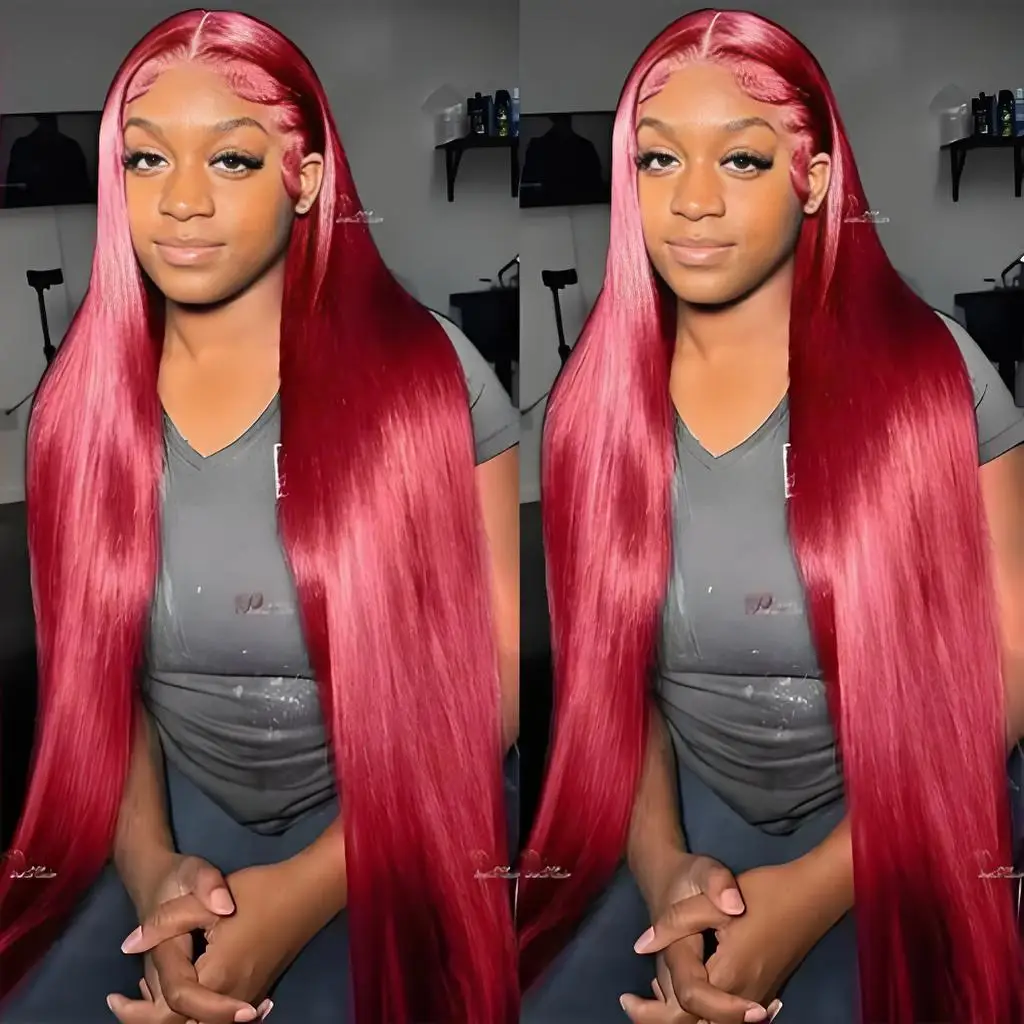 

Бордовые парики с кружевной передней частью 99J, прямые парики с кружевной передней частью 13x6 HD для косплея, предварительно выщипанные, 40 дюймов, из натуральных волос, плотность 250%