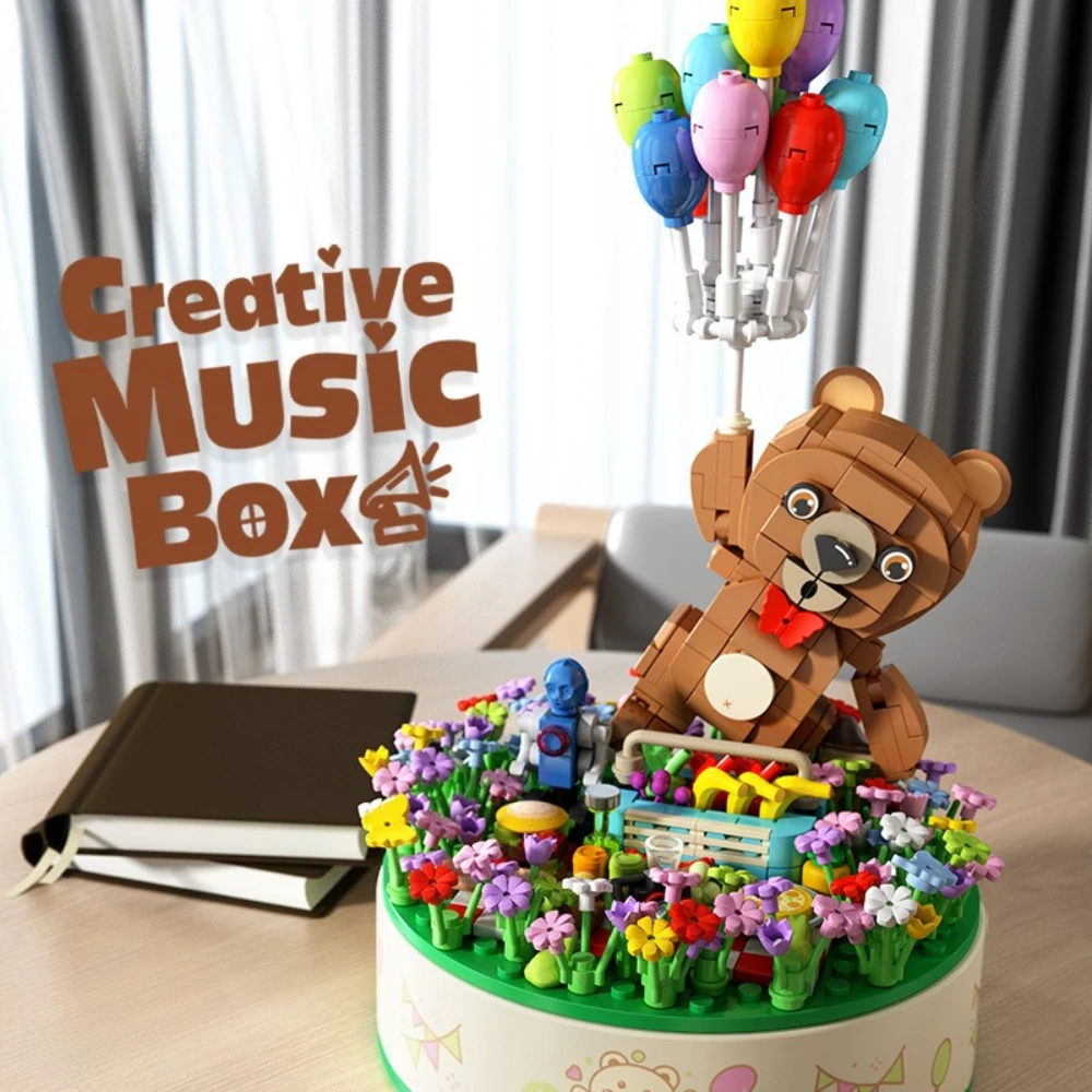 

MOC мультфильм медведь воздушный шар замок музыкальная шкатулка набор строительных блоков животные украшения собирать игрушки для детей специальные подарки на день рождения