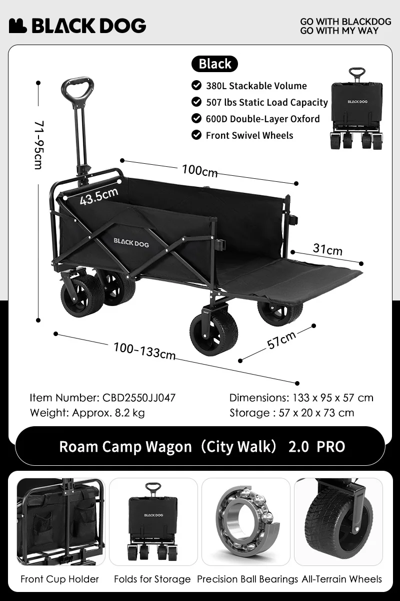 BLACKDOG Campingwagen met tafelblad, stevige, opvouwbare transportwagen voor buiten, strand en tuin, 2026 draagbare, inklapbare wagen