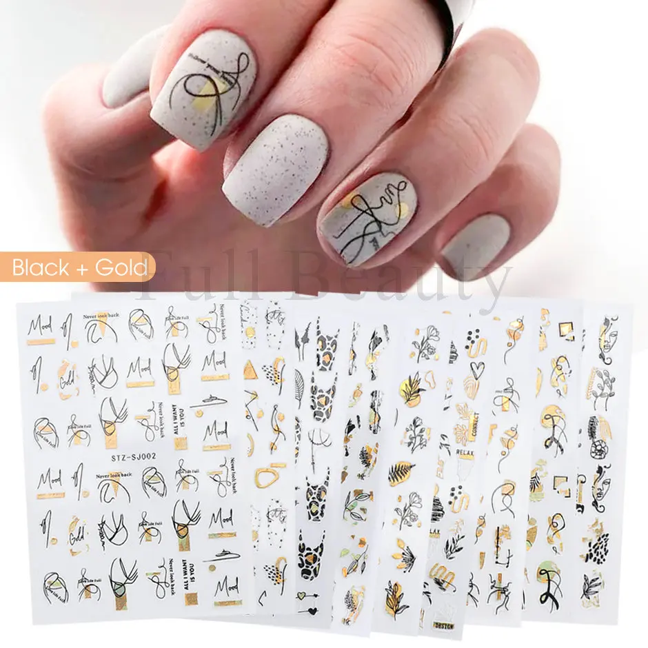 9 pezzi di adesivi per unghie set disegni misti laser olografico 3D strisce astratte linea foglia primavera estate decalcomanie decorazioni per manicure