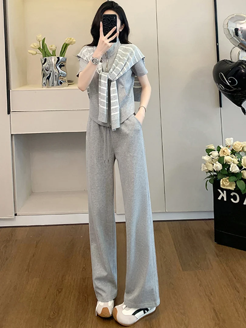 

Chic Casual Sportswear Set Women Summer Grey Short Sleeve Top Oversized Wide Leg Pants Three Piece Set Fashionable Outfit