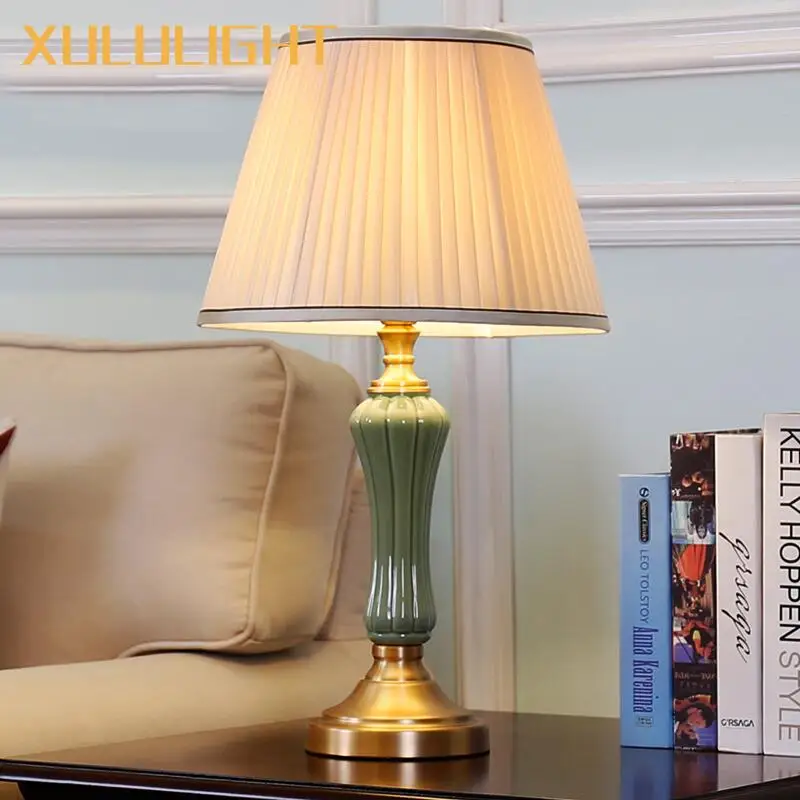 European-style Ice Crack Ceramic Table Lamp Living Room Bedroom Home Remote Control Lighting Green Retro Decorative Desk Lamp