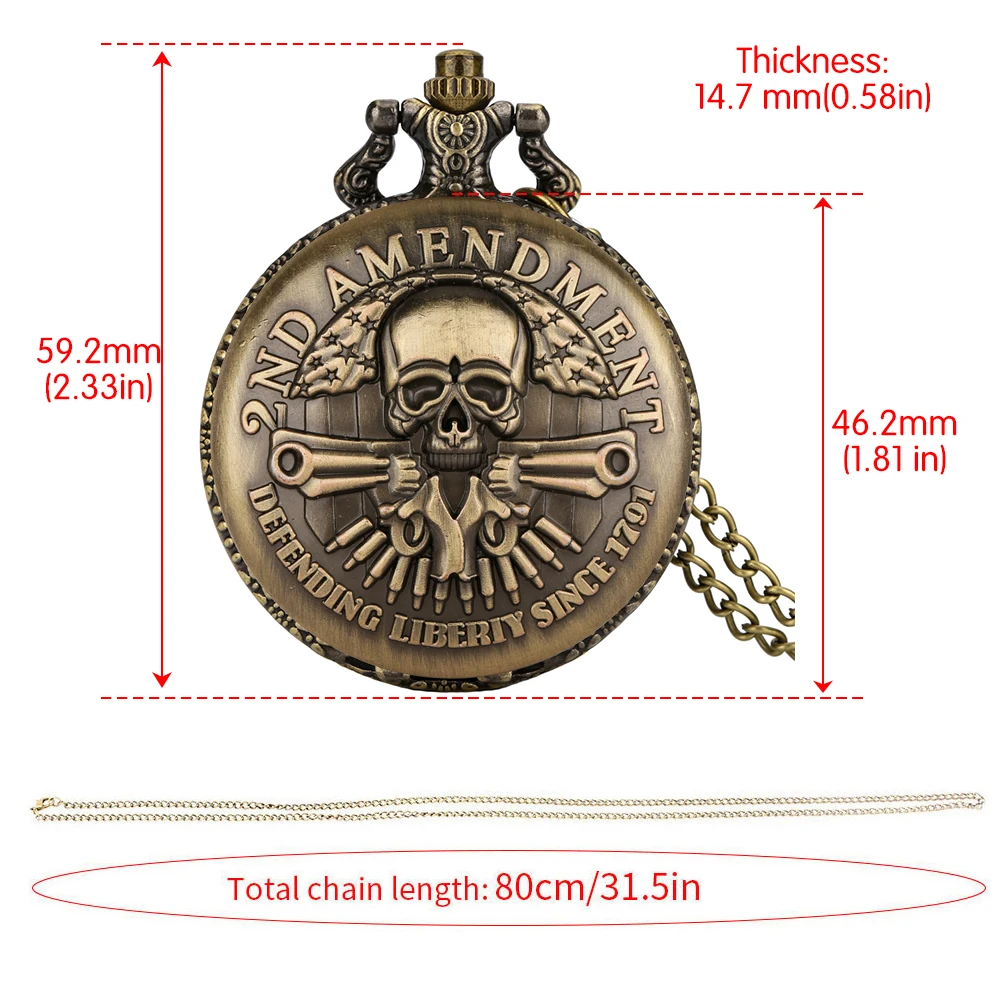 Mens Watch Retro Gun Skull DEFENDING LIBERTY SINCE 1791 2nd AMENDMENT MILITARY Quartz Necklace Chain Pendant Chain Pocket Watch