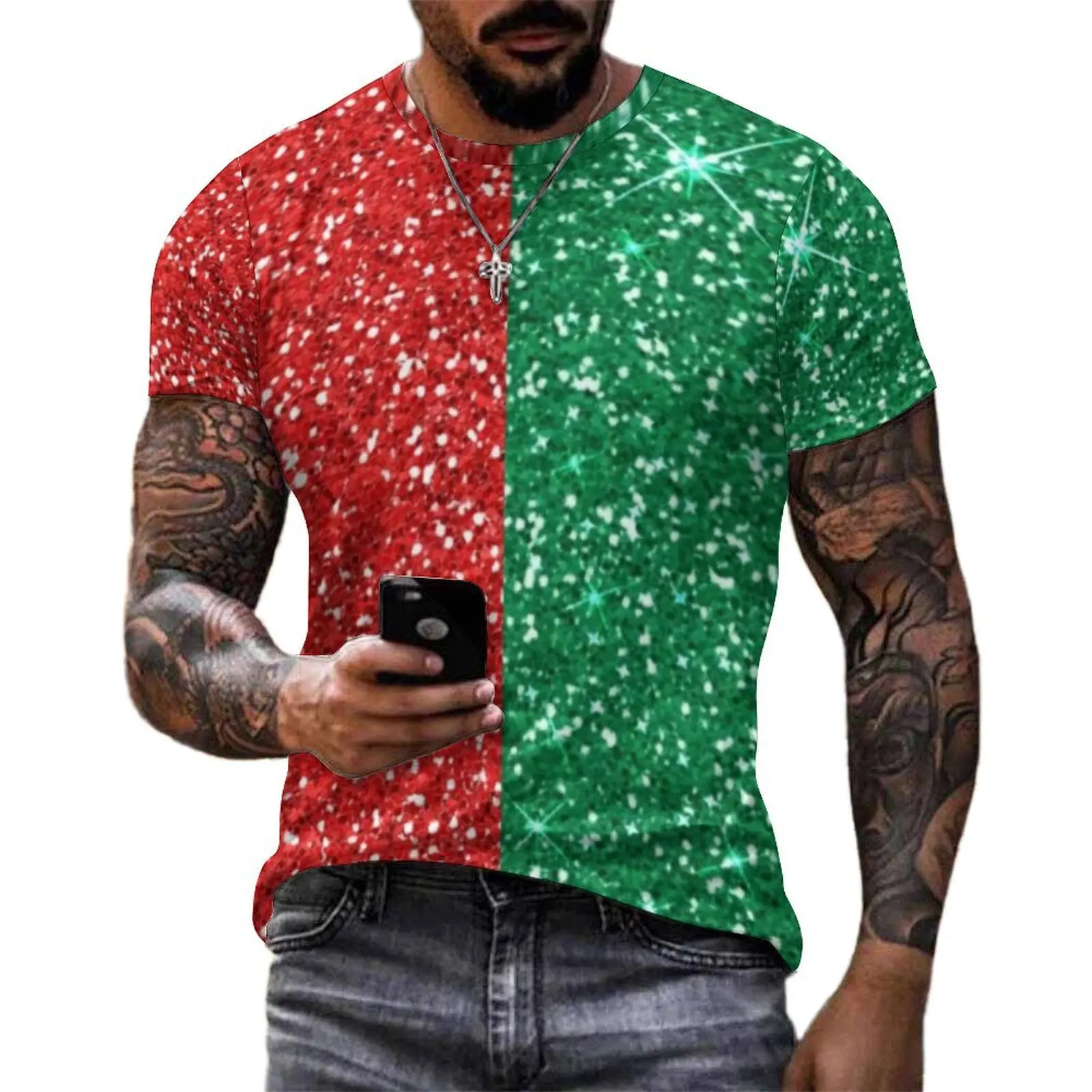 Men Sparkle Two Tone T Shirt Red And Green Glitter Harajuku T-Shirts Short Sleeve Pattern Tops Classic Oversized Clothing