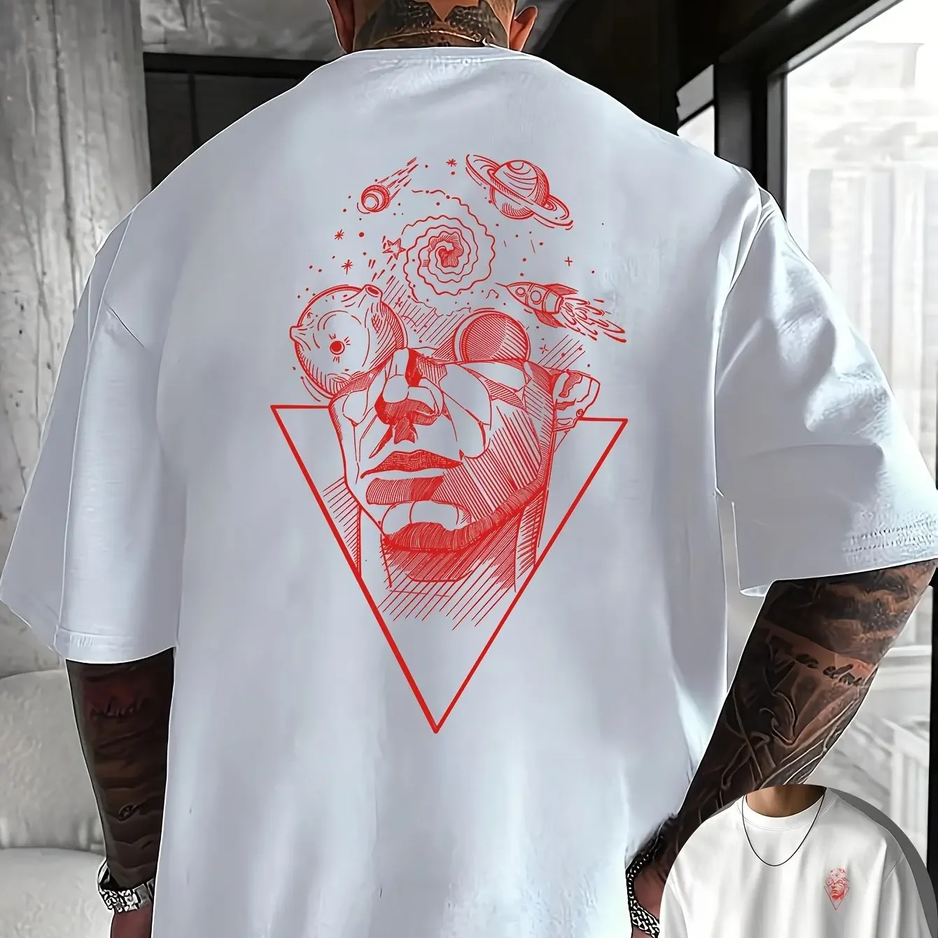Stellar Consciousness Tee Featuring Gold Sketch of Face and Planets 100% Cotton Men's T-shirt Summer Trendy Casual Wear