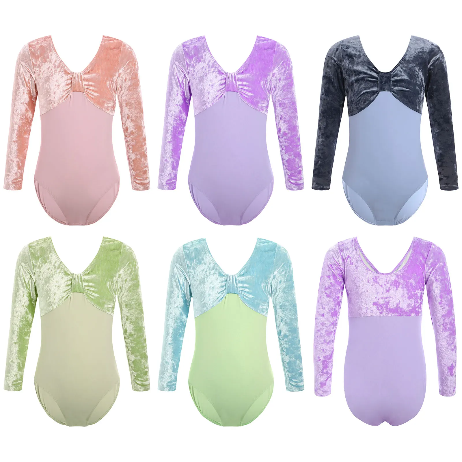 Kids Girls Velvet Ballet Dance Leotard Long Sleeves Knot Front Gymnastics Bodysuit for Dancing Practice Exercise Performance