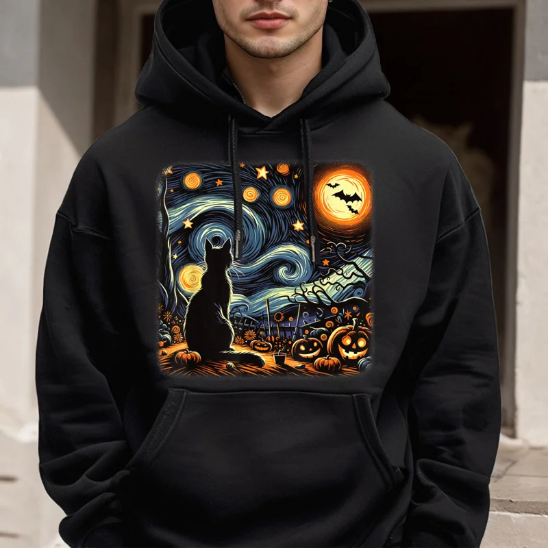 

Halloween Black Cat Van Gogh Outdoor long Sleeve Hoodies VALENTINE DAY Crew Neck Woman Hoodies Outdoor Hoodies Classic