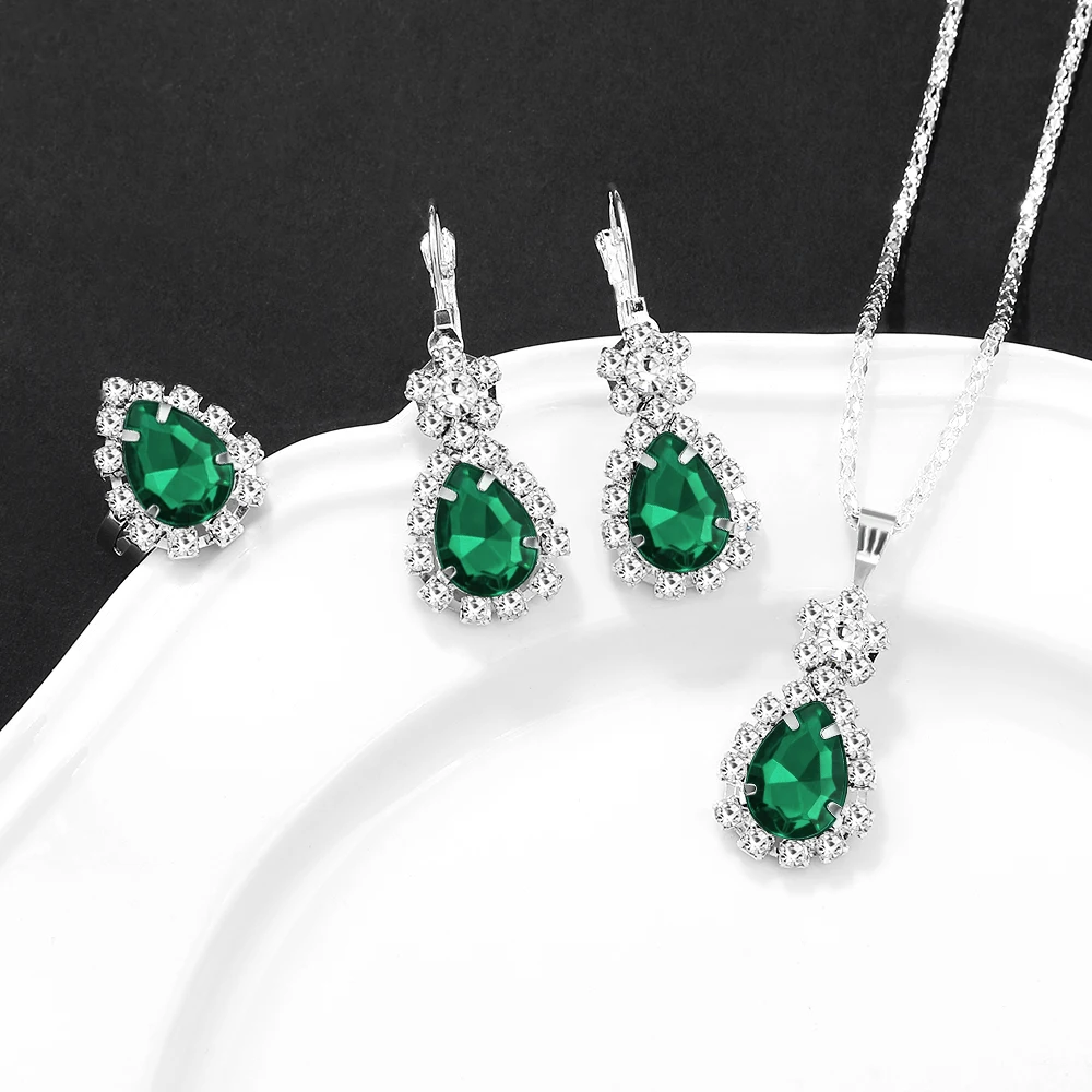 4pc Teardrop Crystal Pendant Necklace Earrings Set