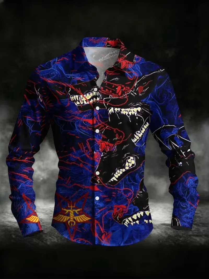 New Men's Black Crow Baroque Curly Grass Vine Printed Long Sleeve Shirt Matte Smooth Satin Collar Top Clothing