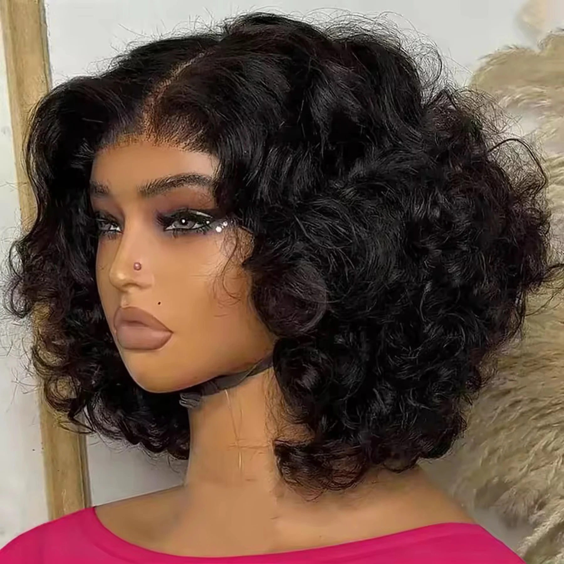 

Синтетический парик Body Wave Short Bob Blunt Cut черного цвета 13X4x1 HD с HD-кружевной передней частью для женщин, с предварительно сформированными хвостиками, без клея, мягкие волосы