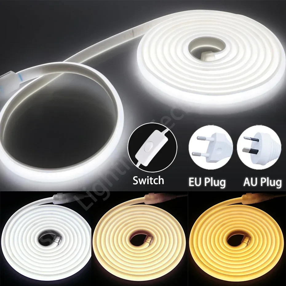 220V COB LED Tape Light 288LEDs/m Flexible IP65 Waterproof with ON OFF Switch EU AU Plug Warm/Neutral/Cold White for Home Decor