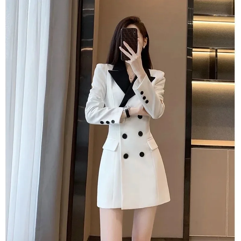 Elegant Contrast Trim Blazer for Women Slim Fit Double Breasted Professional Office Jacket Spring Business Casual Dress w1904