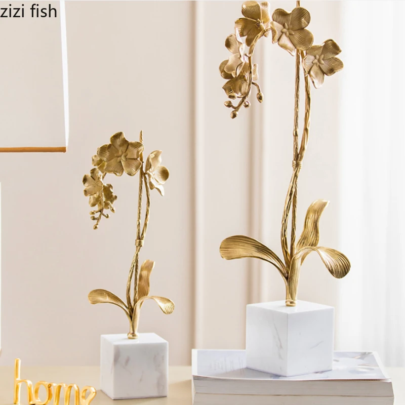Marble Brass Orchid Ornament Butterfly Orchid Sculpture Display of Simulated Flower Statue Model Home Decoration Crafts