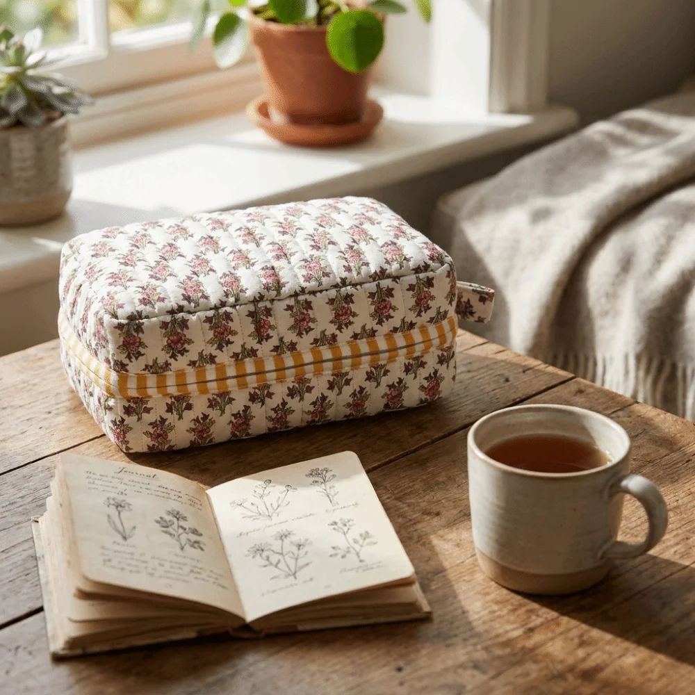 Large Capacity Quilted Makeup Bag Wear Resistant Easy To Clean Floral Pattern Toiletry Bag Zipper Portable Cosmetic Bag