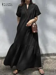 Summer Maxi Long Dress Women Causal V Neck Short Sleeved Vestidos Elegant Maxi Sundress ZANZEA Oversized Robe Holiday Kaftan