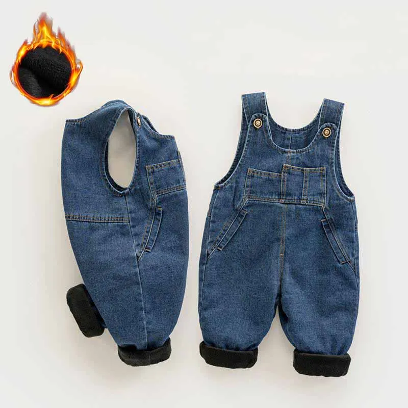 Baby Padded Thickened Jeans Boys Warm Back Pants Baby Plus Velvet Jumpsuit Girls Outerwear Coldproof Trousers New Kids Clothing