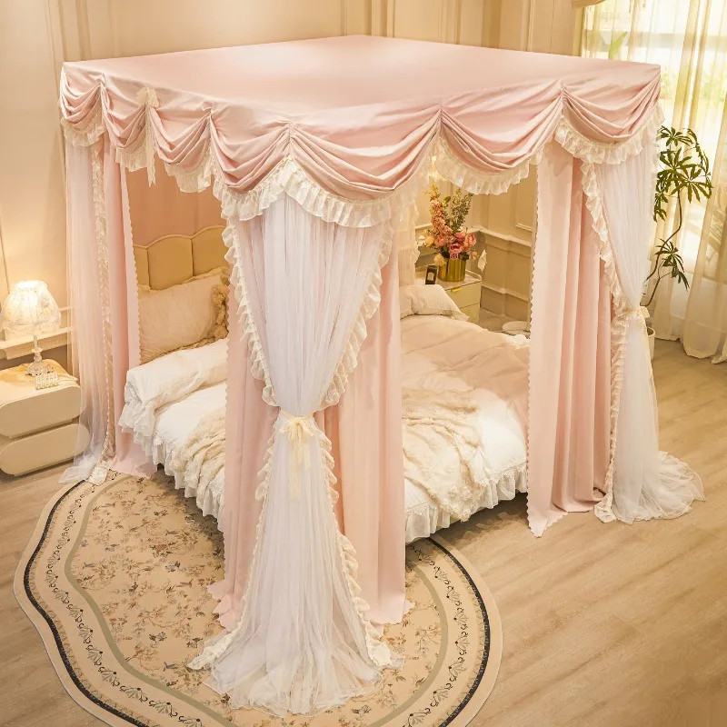 French Court Style Bed Curtain Mosquito Net Pink Lace Three Door Design Transform Bedroom into a Fairy Tale Castle Instantly