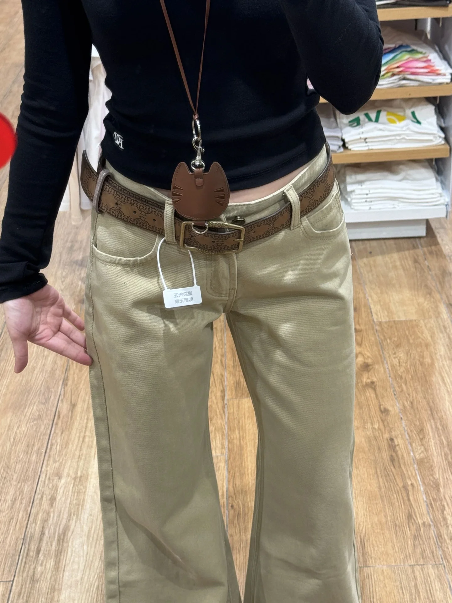 ローウエスト ベルボト デニム ジーンズ レディース カーキ ヴィンテージ スレ ルーズフィット フロアレングス 快適なストレッチ 秋パンツ