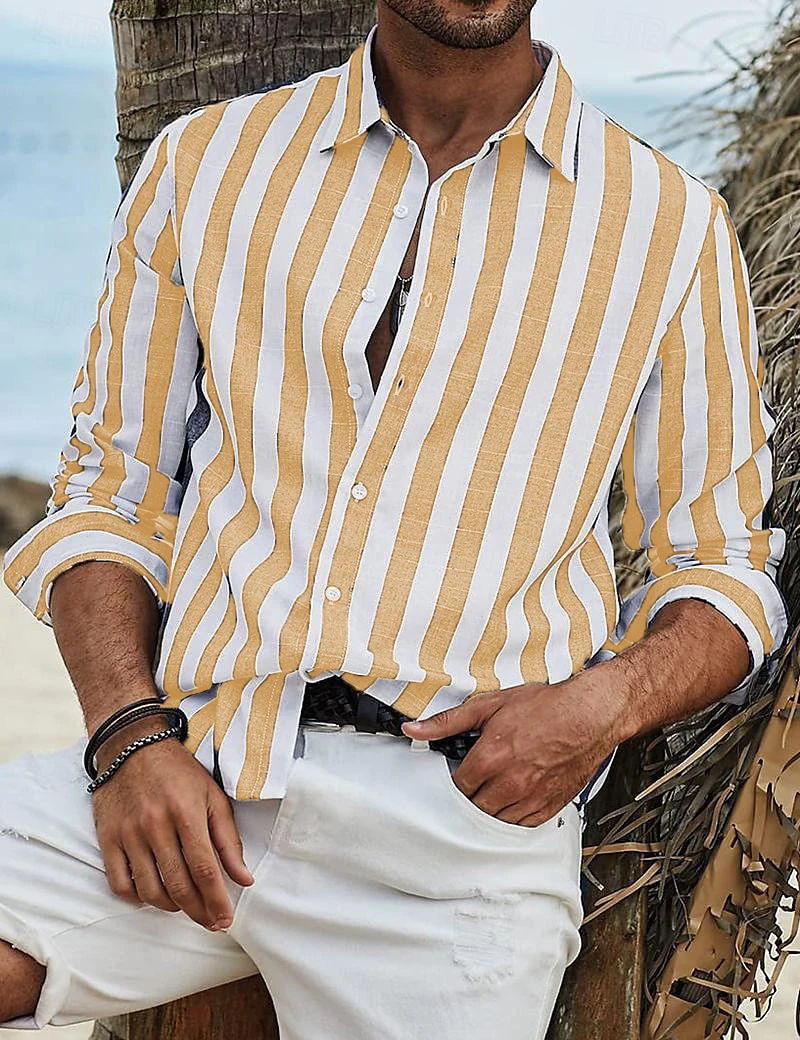 2024 Summer men's Fashion Vertical striped lapel shirt single breasted street trend Loose casual Hawaiian beach outdoor top