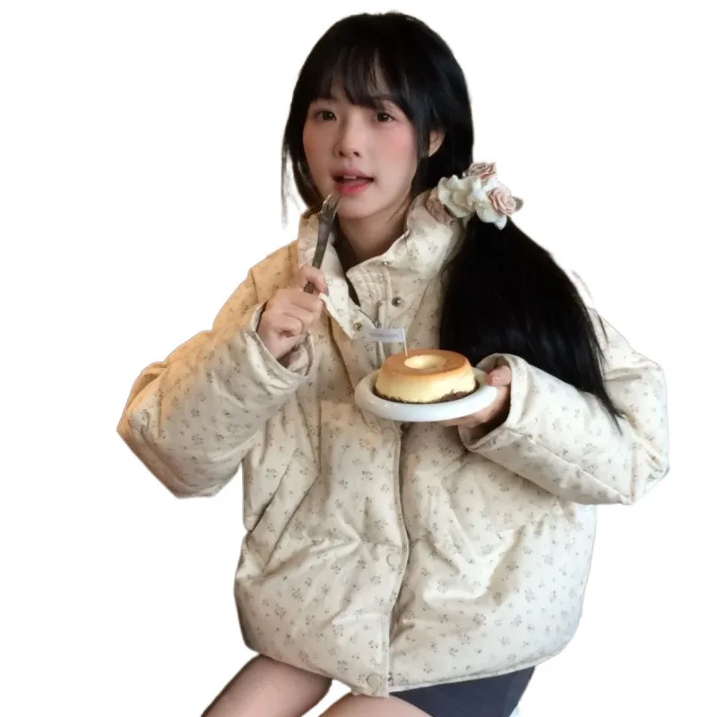 Menina engrossar para baixo pão robe algodão-acolchoado jaqueta feminina doce fragmentos florais jaqueta puffer feminina versão coreana inverno