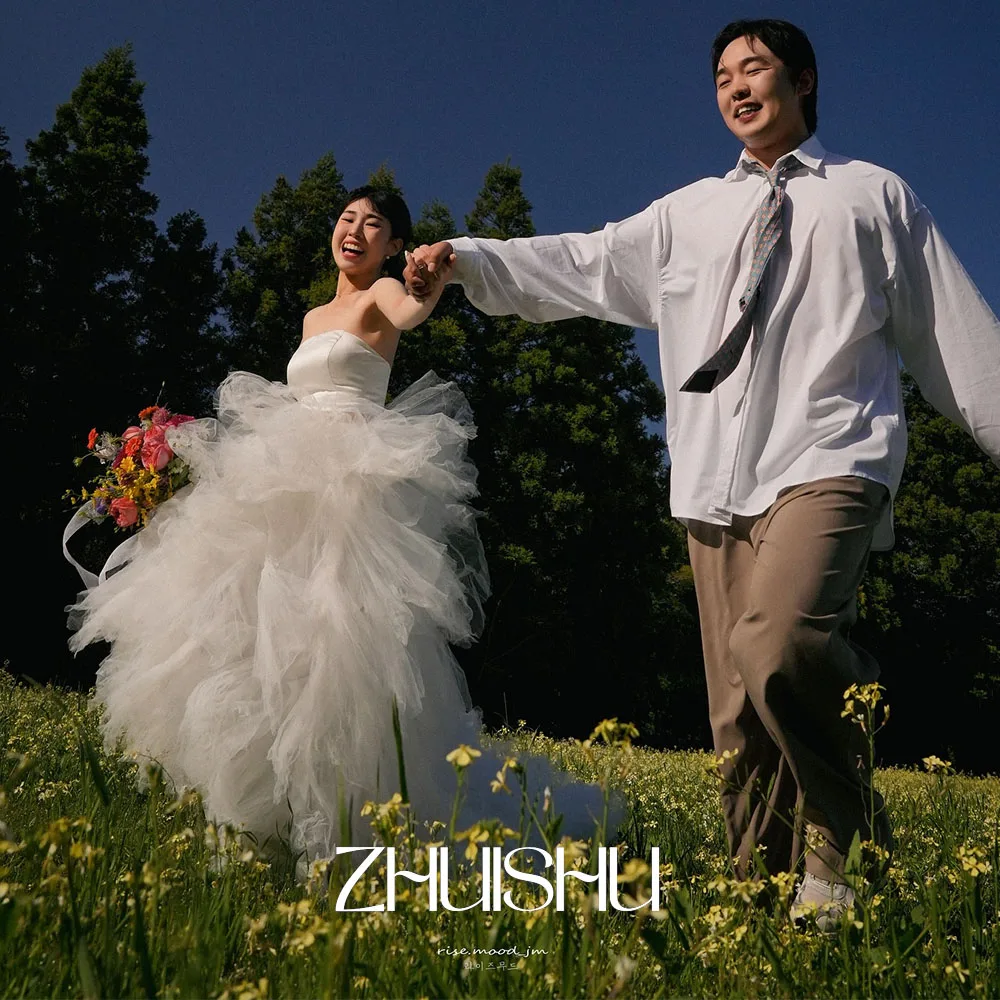 ZHUISHU 2 piezas vestidos de novia coreanos sesión de fotos al aire libre personalizado una línea sin tirantes elegante vestido de novia escalonado esponjoso