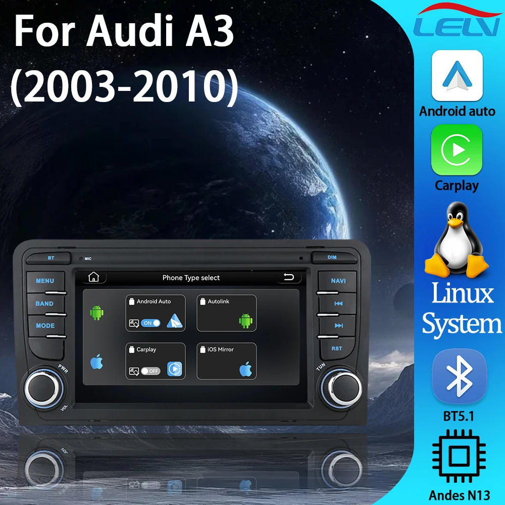 

LELV 7'' мультимедийная стереосистема с Linux-системой, поддержкой Carplay, Android Auto, RDS, GPS, NAV, BT5 для Audi A3 2003-2010
