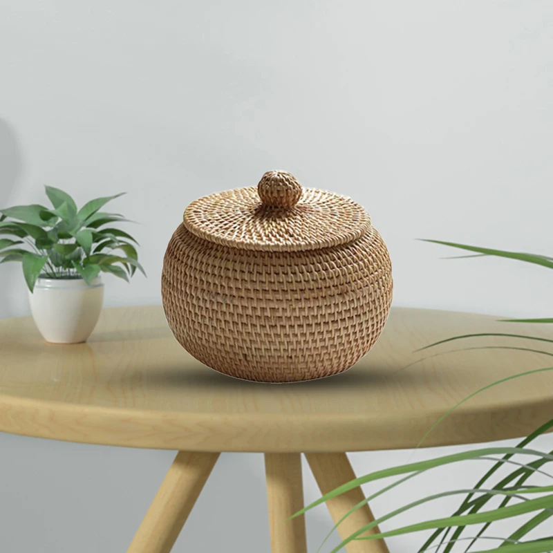 Wicker Storage Basket With Lid Round Fruit Basket Rattan Lightweight Hand-woven Storage Basket With lid For Fruits Vegetables