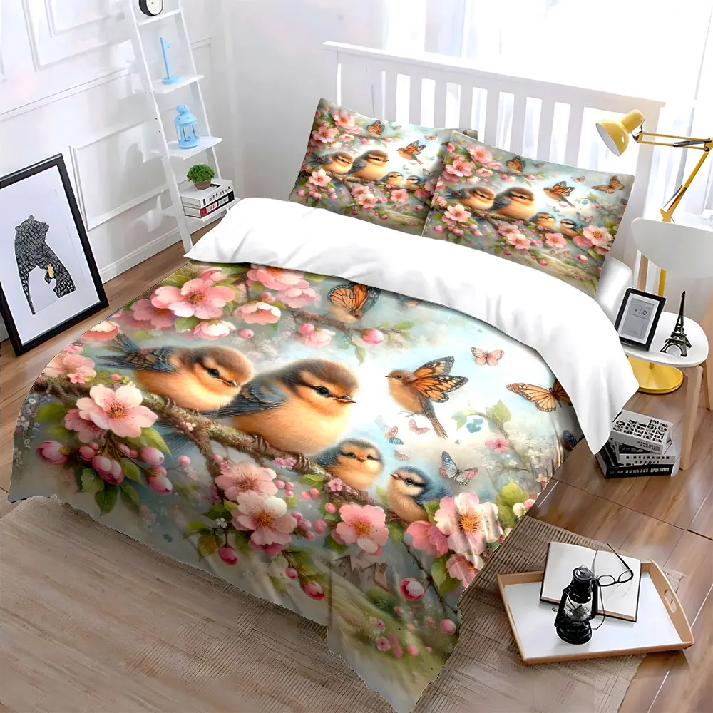 Birds blossoms and butterflies Pattern Duvet Cover Set Digital Print Colorful Polyester Bedding with Zipper Closur for gifts