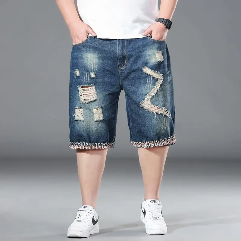 

Plus size 8XL 7XL 6XL men's ripped denim shorts, mid high waist, loose and worn denim shorts, casual summer washed shorts