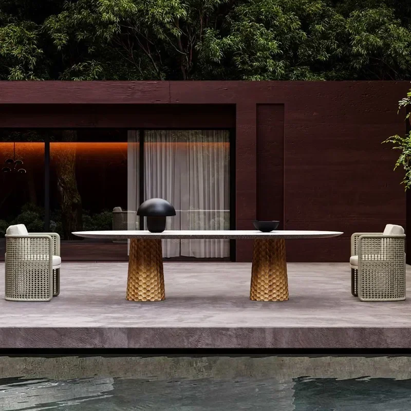Nordic outdoor rattan tables and chairs, light luxury rock slabs, balcony villa hotel western restaurant outdoor waterproof