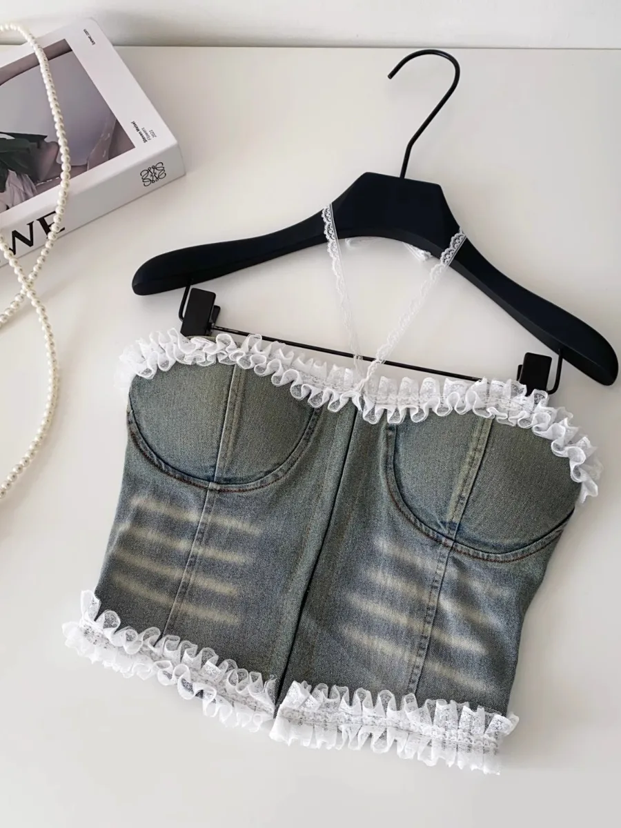 Foamlina Corsetto a fascia in denim effetto consumato con volant alla moda Top da donna europeo Hot Girl Slim Fit Street Style Petite Vest Bra