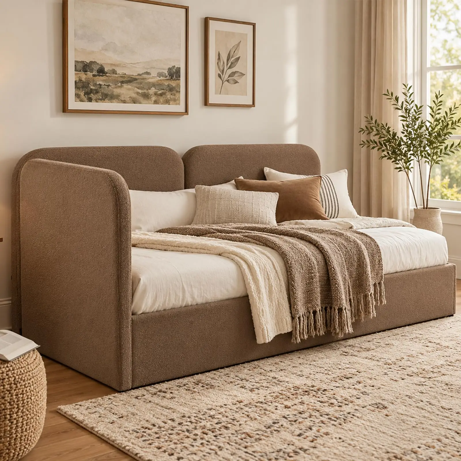Twin Size Lift-Up Storage Daybed, Reversible Corner, Boucle Brown